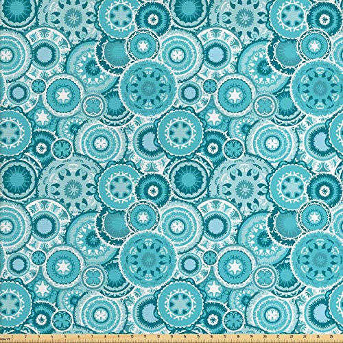 Ambesonne Aqua Fabric by The Yard, Hippie Floral Leaves Mandala Ro...