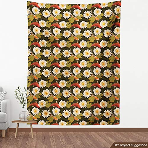 Ambesonne Asian Fabric by The Yard, Japanese Carp Koi Fish with Lo...