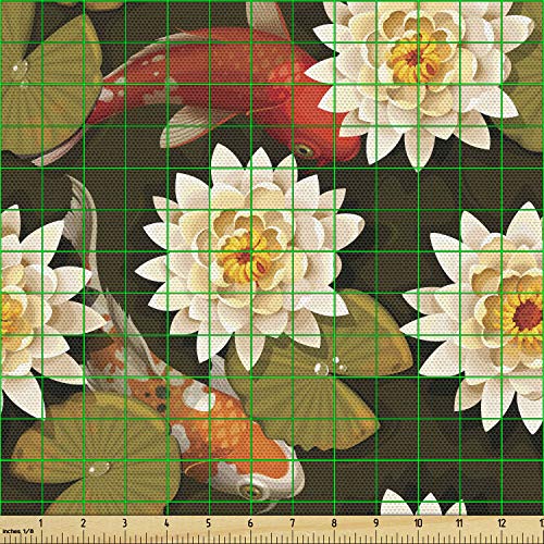 Ambesonne Asian Fabric by The Yard, Japanese Carp Koi Fish with Lo...