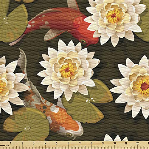 Ambesonne Asian Fabric by The Yard, Japanese Carp Koi Fish with Lo...
