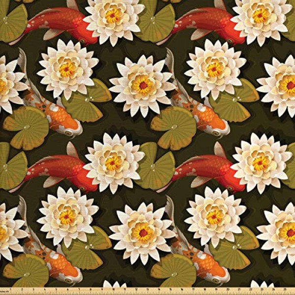 Ambesonne Asian Fabric by The Yard, Japanese Carp Koi Fish with Lo...