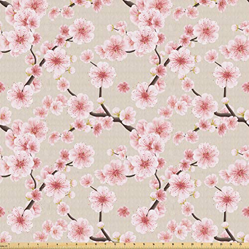 Ambesonne Asian Fabric by The Yard, Japanese Flowering Cherry Blos...