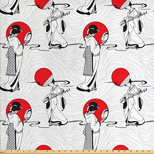 Ambesonne Asian Fabric by The Yard, Japanese Geisha Girl with Trad...