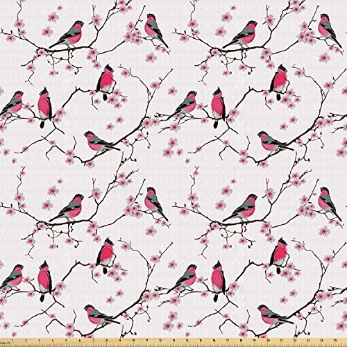 Ambesonne Asian Fabric by The Yard, Sakura Flowers with Bullfinch ...