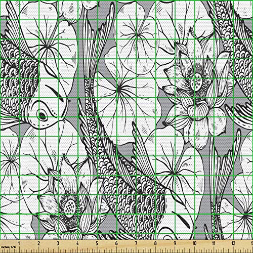 Ambesonne Asian Fabric by The Yard, Sketch Style Lotus and Carp Ko...