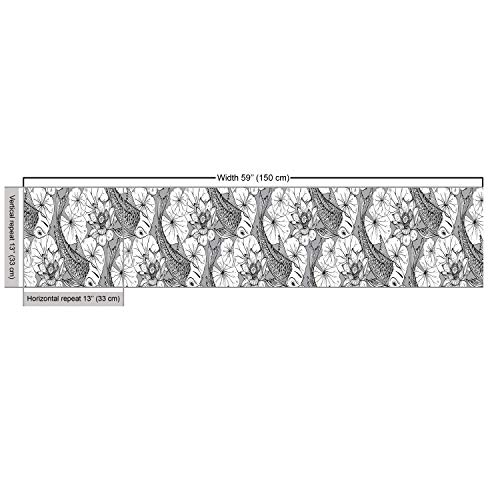 Ambesonne Asian Fabric by The Yard, Sketch Style Lotus and Carp Ko...