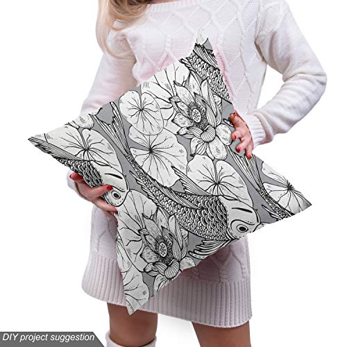 Ambesonne Asian Fabric by The Yard, Sketch Style Lotus and Carp Ko...