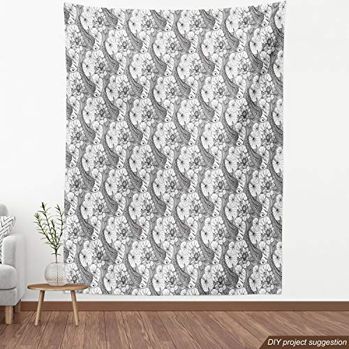Ambesonne Asian Fabric by The Yard, Sketch Style Lotus and Carp Ko...