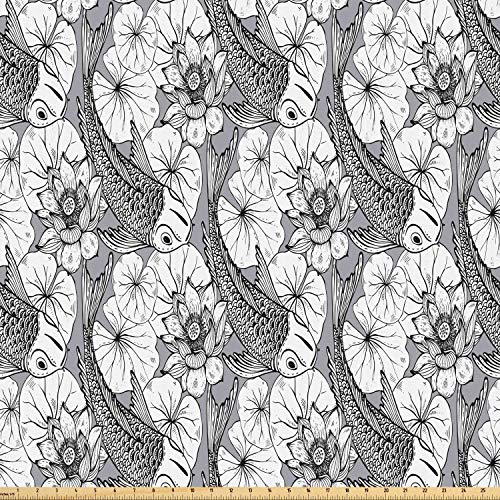 Ambesonne Asian Fabric by The Yard, Sketch Style Lotus and Carp Ko...