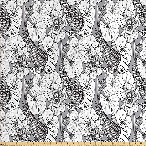 Ambesonne Asian Fabric by The Yard, Sketch Style Lotus and Carp Ko...