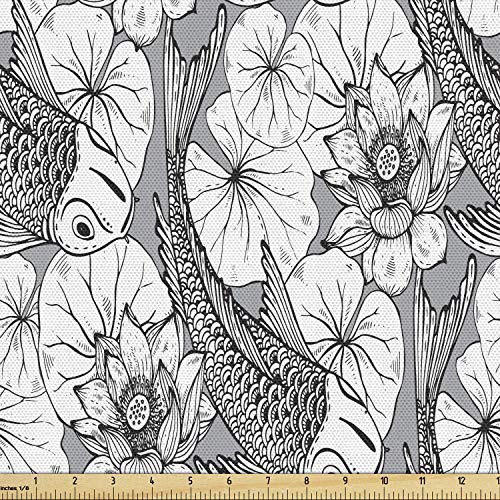 Ambesonne Asian Fabric by The Yard, Sketch Style Lotus and Carp Ko...