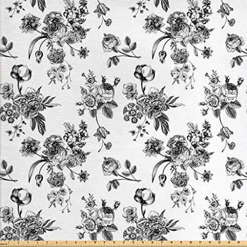 Ambesonne Black and White Fabric by The Yard, Vintage Floral Patte...
