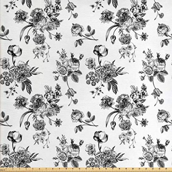 Ambesonne Black and White Fabric by The Yard, Vintage Floral Patte...