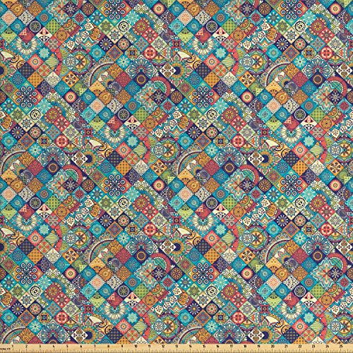 Ambesonne Bohemian Fabric by The Yard, Geometric Pattern with Orna...
