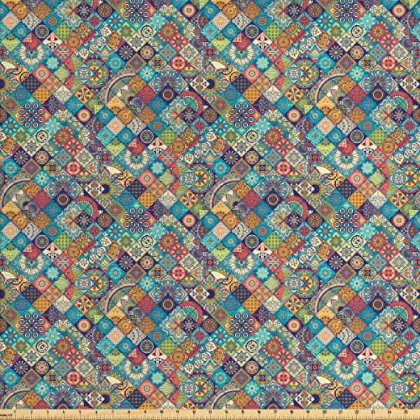Ambesonne Bohemian Fabric by The Yard, Geometric Pattern with Orna...