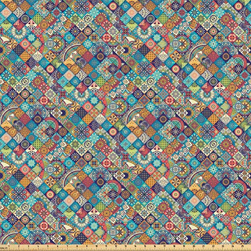 Ambesonne Bohemian Fabric by The Yard, Geometric Pattern with Orna...