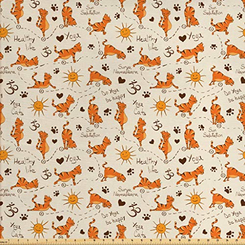Ambesonne Cat Fabric by The Yard, Do Yoga Be Happy Theme Orange Ca...