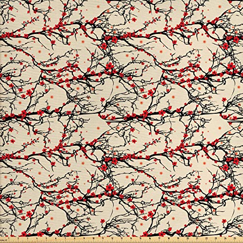 Ambesonne Cherry Blossom Fabric by The Yard, Vivid Japanese Garden...
