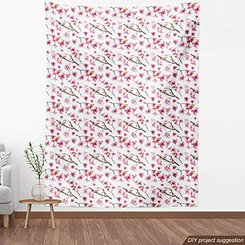 Ambesonne Cherry Blossom Fabric by The Yard, Watercolor Style Orie...