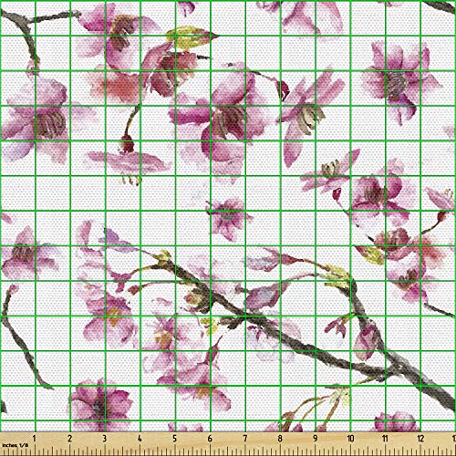 Ambesonne Cherry Blossom Fabric by The Yard, Watercolor Style Orie...