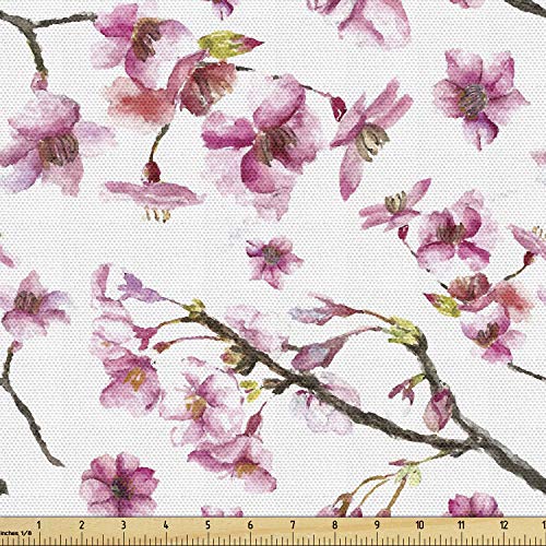 Ambesonne Cherry Blossom Fabric by The Yard, Watercolor Style Orie...