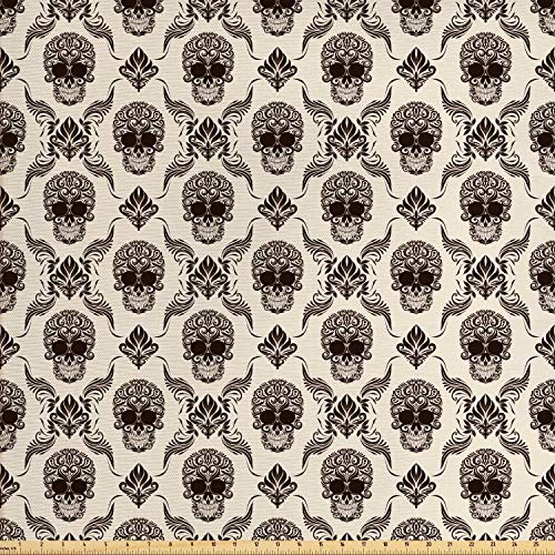 Ambesonne Damask Fabric by The Yard, Halloween Skulls in Victorian...