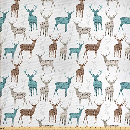 Ambesonne Deer Fabric by The Yard, Animals with Old Text Pattern C...
