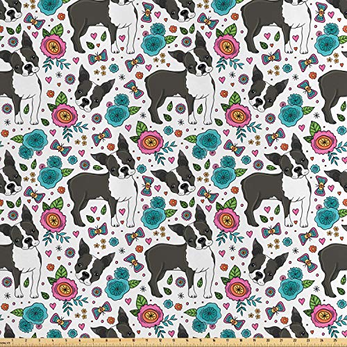 Ambesonne Dogs Fabric by The Yard, Boston Terriers and Colorful Fl...
