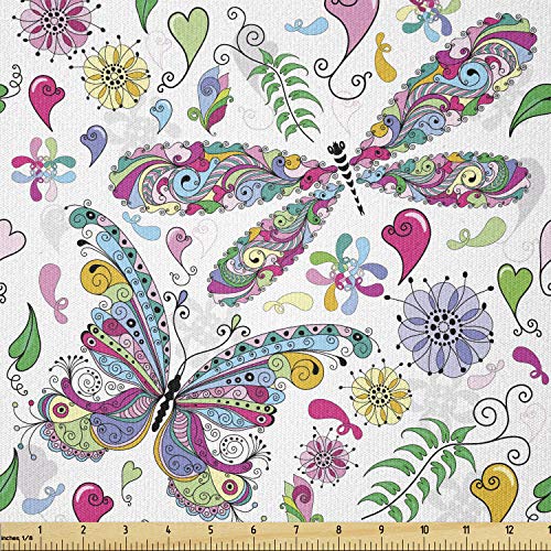 Ambesonne Dragonfly Fabric by The Yard, Butterfly Dragonfly Paisle...