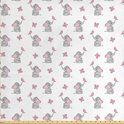 Ambesonne Elephant Nursery Fabric by The Yard, Baby Elephants Play...