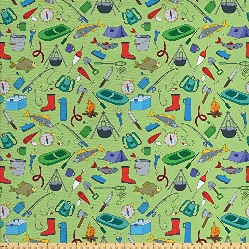 Ambesonne Fishing Theme Fabric by The Yard, Angling and Camping El...