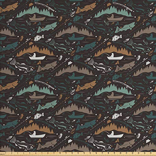 Ambesonne Fishing Theme Fabric by The Yard, Pattern of Nautical El...