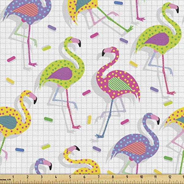 Ambesonne Flamingo Fabric by The Yard, Colorful Retro Vintage Flam...