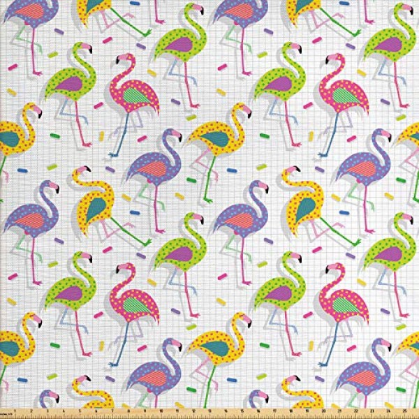 Ambesonne Flamingo Fabric by The Yard, Colorful Retro Vintage Flam...