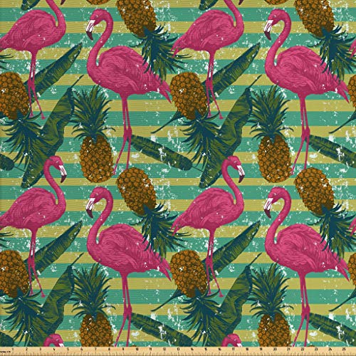 Ambesonne Flamingo Fabric by The Yard, Tropical Animals on Striped...