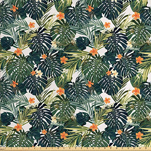 Ambesonne Floral Fabric by The Yard, Botanic Tropic Leaves and Flo...