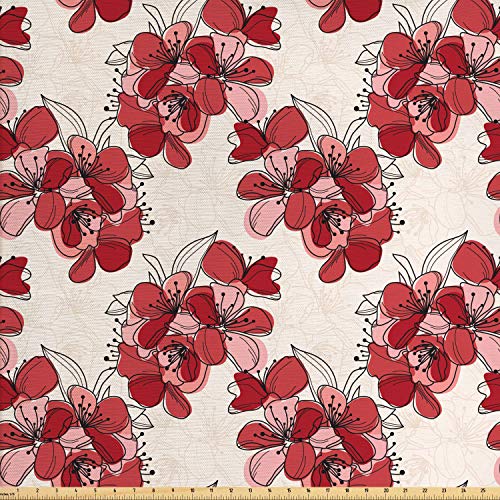 Ambesonne Floral Fabric by The Yard, Japanese Culture Cherry Bloss...