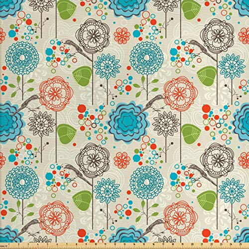 Ambesonne Floral Fabric by The Yard, Retro Doodle Flower Field Dan...