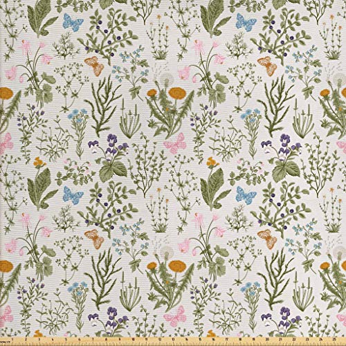 Ambesonne Floral Fabric by The Yard, Vintage Garden Plants with He...