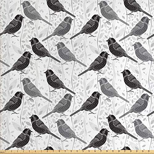 Ambesonne Grey Fabric by The Yard, Ornamental Birds on Trees Winge...