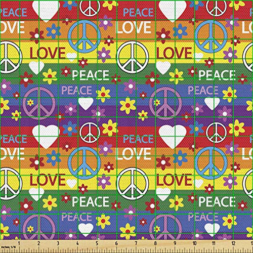Ambesonne Groovy Fabric by The Yard, Heart Peace Flower Power Poli...