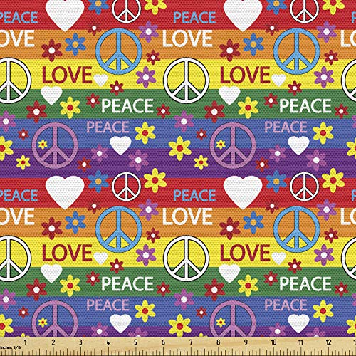 Ambesonne Groovy Fabric by The Yard, Heart Peace Flower Power Poli...