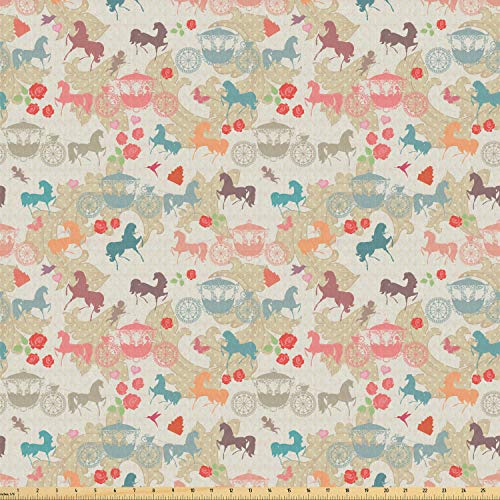Ambesonne Horses Fabric by The Yard, Carriage with Stallions Abstr...