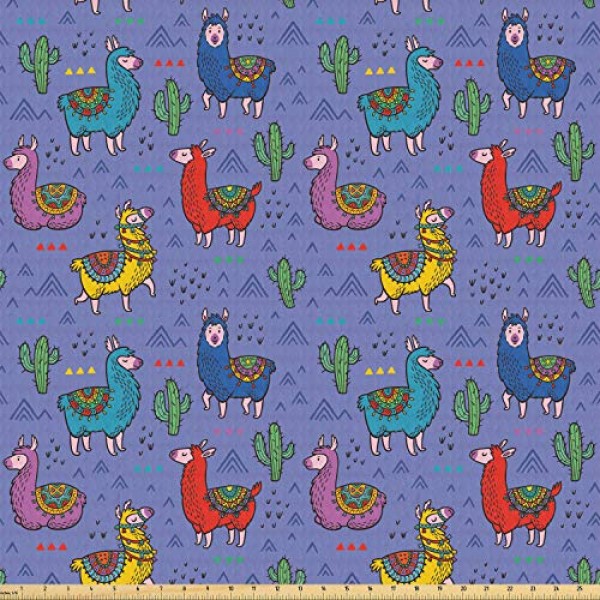 Ambesonne Llama Fabric by The Yard, Cartoon Style Furry Animals Me...