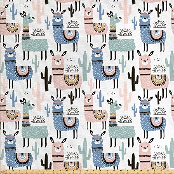 Ambesonne Llama Fabric by The Yard, Children Cartoon Style Hand Dr...