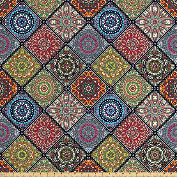 Ambesonne Mandala Fabric by The Yard, Checkered Rectangles Pattern...