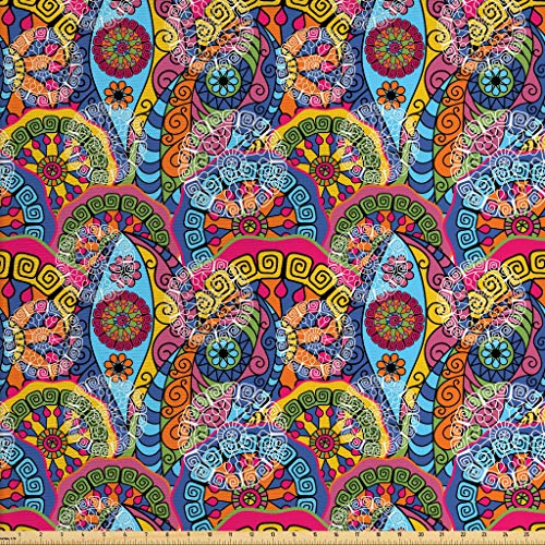 Ambesonne Mandala Fabric by The Yard, Colorful Abstract Sixties In...