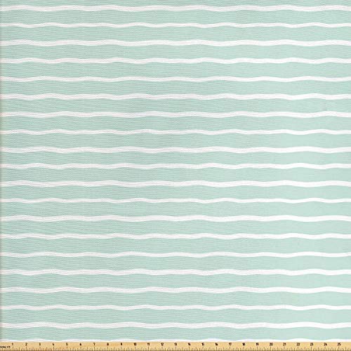Ambesonne Mint Fabric by The Yard, Horizontal Wavy Lines White Str...