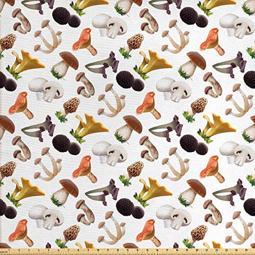 Ambesonne Mushroom Fabric by The Yard, Realistic Style Various Kin...