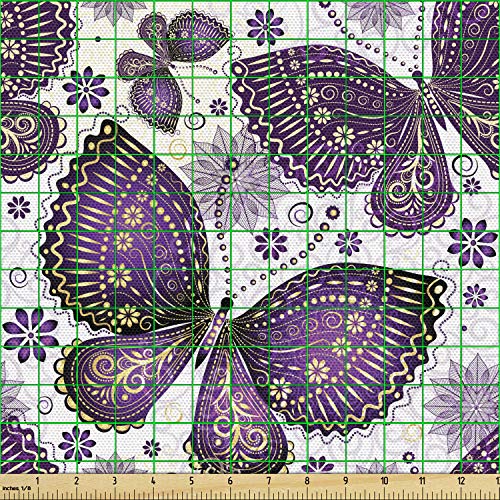 Ambesonne Natural Fabric by The Yard, Butterflies with Paisley Mot...